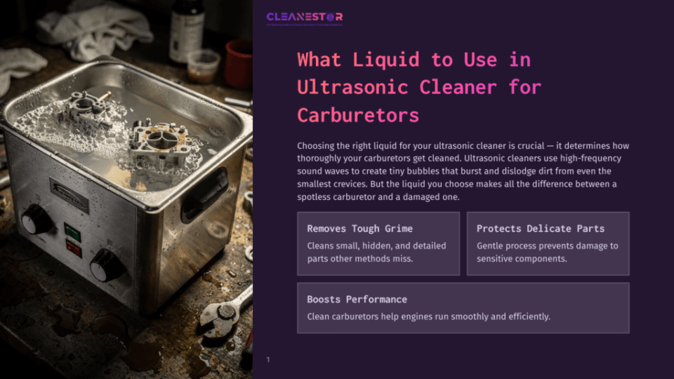 Ultrasonic Cleaner Bath With Carburetors Submerged In Cleaning Solution, With Bubbles And Foam Visible. The Machine Has Knobs And Buttons. Text Overlay Reads &Quot;Cleanestor&Quot; And &Quot;What Liquid To Use In Ultrasonic Cleaner For Carburetors&Quot;.