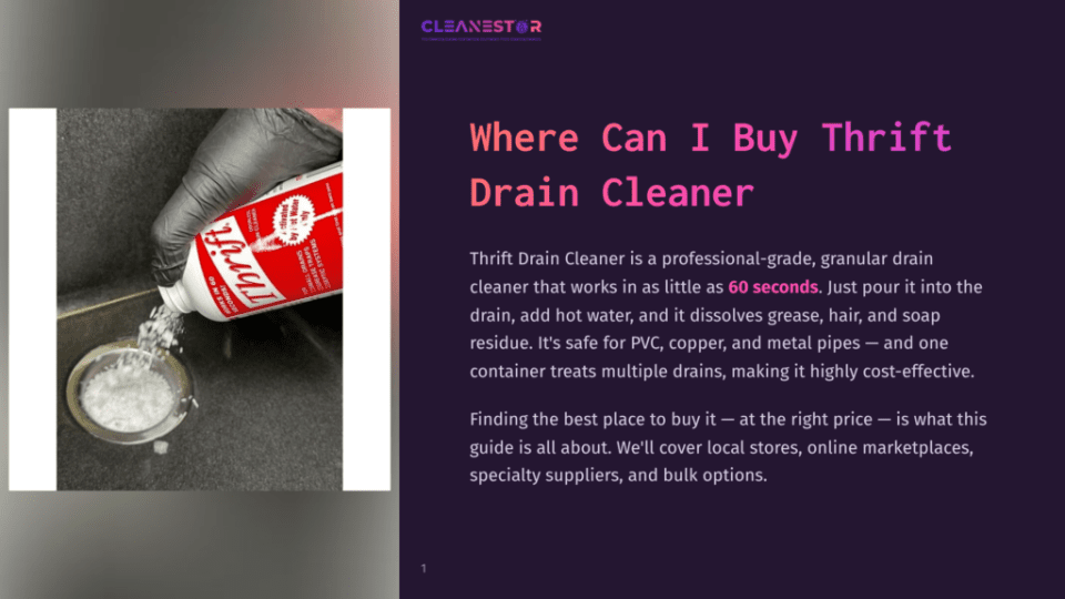 1 Where Can I Buy Thrift Drain Cleaner A Gloved Hand Pours White Granular Thrift Drain Cleaner Into A Silver Drain Opening.