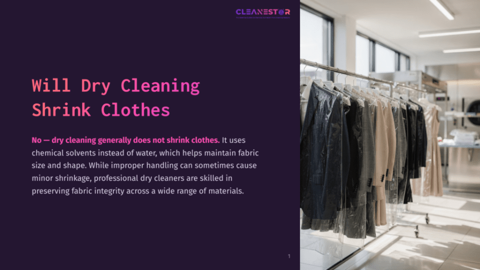 1 Will Dry Cleaning Shrink Clothes Dry Cleaning Rack With Clothes In Plastic Garment Bags. Text Reads: &Quot;Will Dry Cleaning Shrink Clothes? No โ Dry Cleaning Generally Does Not Shrink Clothes.