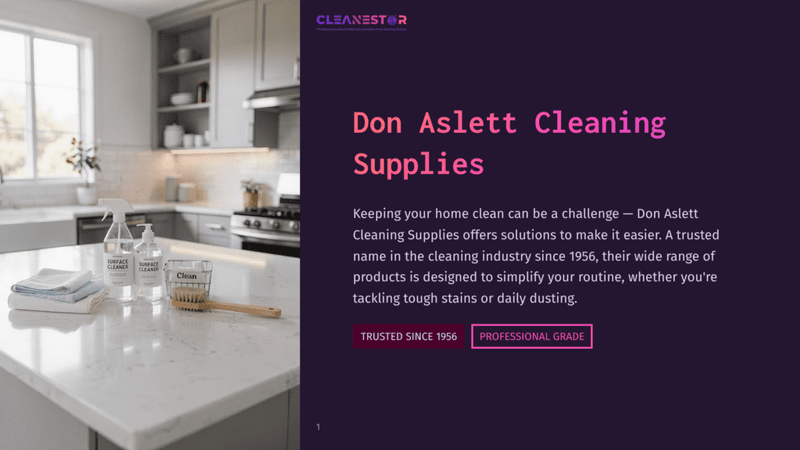 1 Don Aslett Cleaning Supplies A Clean, Modern Kitchen With Light Gray Cabinets, White Countertops, And Stainless Steel Appliances. On The Counter Are Cleaning Supplies: Two Spray Bottles Labeled &Quot;Surface Cleaner&Quot; And &Quot;Glass Cleaner,&Quot; And A Jar Labeled &Quot;Clean&Quot; With A Brush Inside.