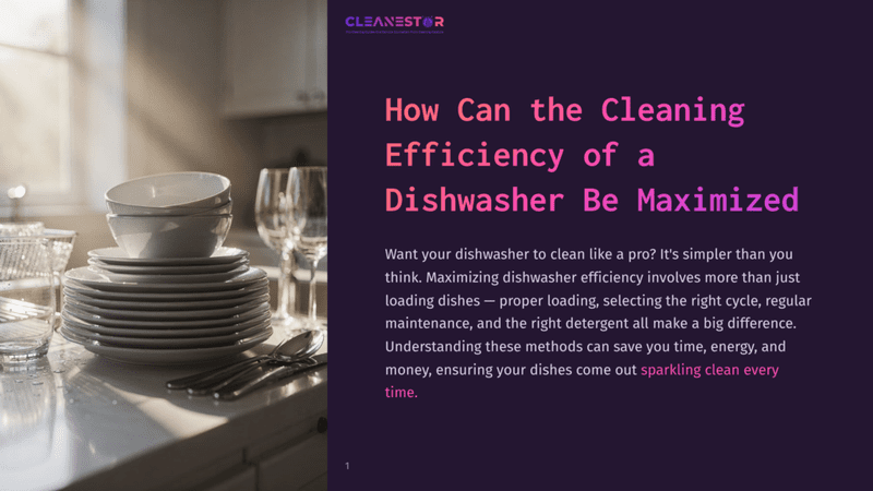 1 How Can The Cleaning Efficiency Of A Dishwasher Be Maximized A Stack Of Clean, White Dishes And Silverware Sits On A Sunlit Kitchen Counter, Next To A Window With A Blurred Background. The Text &Quot;Cleanestor&Quot; Is Visible At The Top Of The Image.