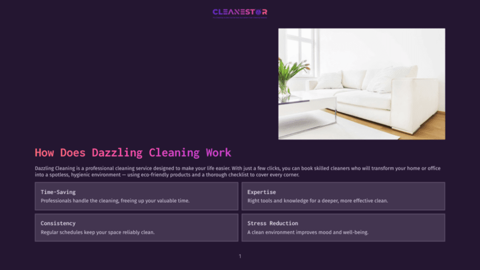 1 How Does Dazzling Cleaning Work Cleanestor Logo Above A Bright, Modern Living Room With A White Sofa And A Vase Of Red Tulips, Suggesting A Clean And Inviting Home Environment.