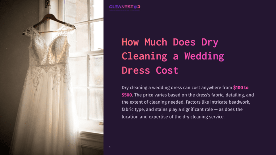 1 How Much Does Dry Cleaning A Wedding Dress Cost A Delicate White Wedding Dress Hangs On A Hanger In Front Of A Sunlit Window, Showcasing Intricate Beadwork And Lace Details. The Cleanestor Logo Is Visible In The Top Left Corner.