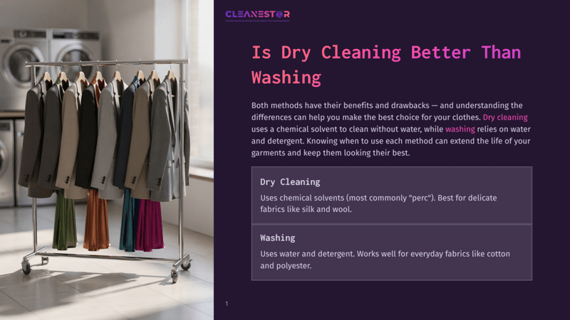 1 Is Dry Cleaning Better Than Washing Cleanestor Logo And Text &Quot;Is Dry Cleaning Better Than Washing&Quot;. A Rack Of Neatly Hung Suits And Dresses In Various Colors Is Displayed In Front Of Washing Machines.