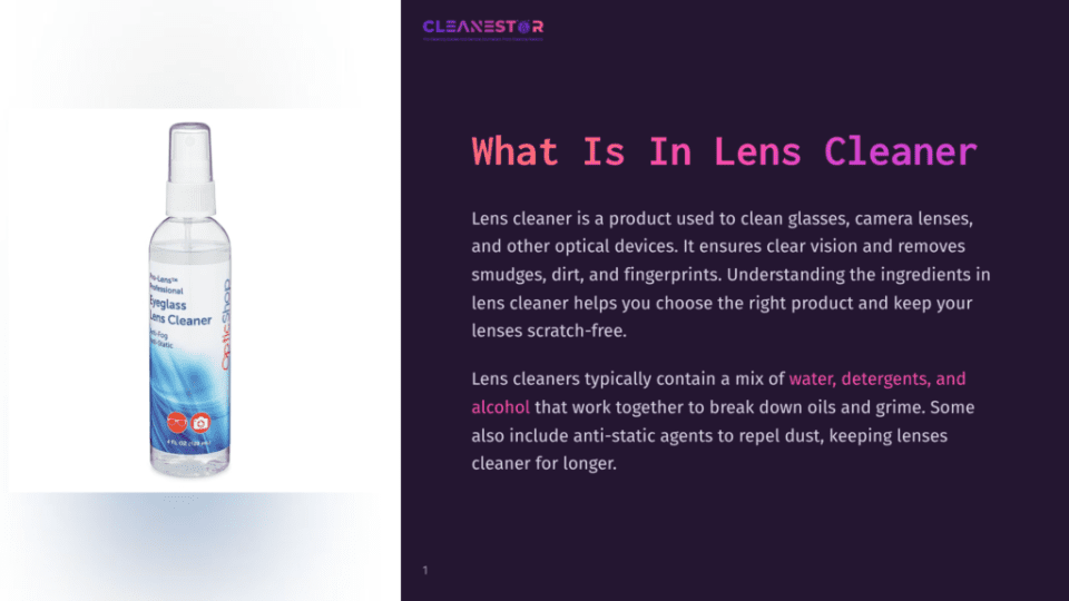 1 What Is In Lens Cleaner A Clear Spray Bottle Of Opticlean Professional Eyeglass Lens Cleaner With Blue And White Liquid, Featuring A Label With Brand And Product Name, Set Against A Dark Background.