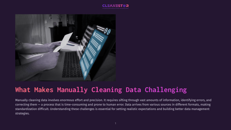 1 What Makes Manually Cleaning Data Challenging A Person'S Hands Are Shown On A Laptop Keyboard, With A Screen Displaying Data Charts And Graphs, Suggesting Data Cleaning Or Analysis.