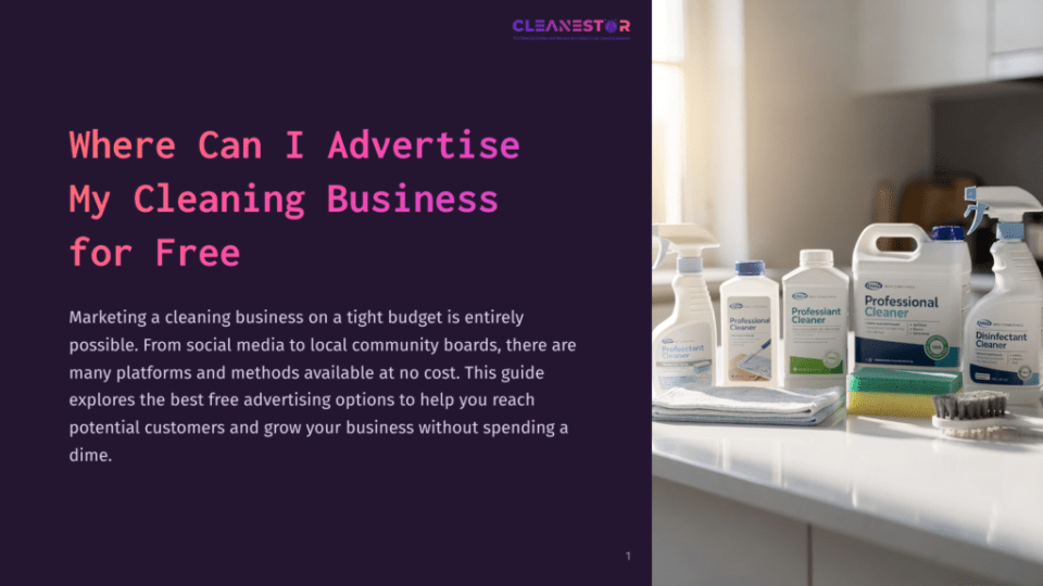 1 Where Can I Advertise My Cleaning Business For Free A Cleaning Business Advertisement Graphic With The Title &Quot;Where Can I Advertise My Cleaning Business For Free&Quot; Over A Dark Background, And A Kitchen Counter With Cleaning Supplies Like Spray Bottles, Cloths, And Sponges.