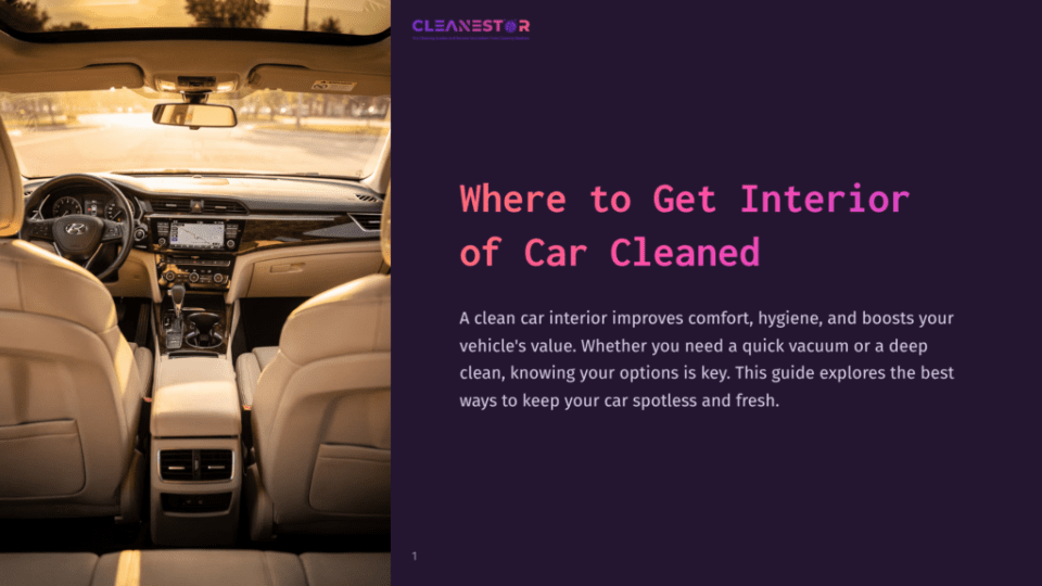 1 Where To Get Interior Of Car Cleaned 1 Interior Of A Modern, Clean Car With Light-Colored Leather Seats, Dashboard, And Navigation Screen Visible. The Image Is From The Perspective Of The Back Seat, Looking Forward, With A Bright, Sunlit Road Visible Through The Windshield.