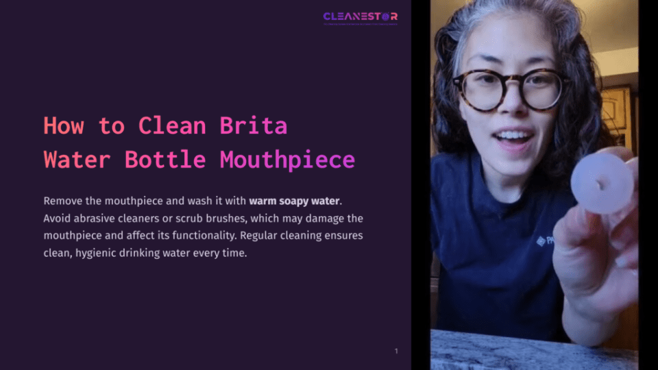 1 How To Clean Brita Water Bottle Mouthpiece A Person With Glasses Holds A Brita Water Bottle Mouthpiece, Demonstrating Cleaning Instructions Against A Dark Background.