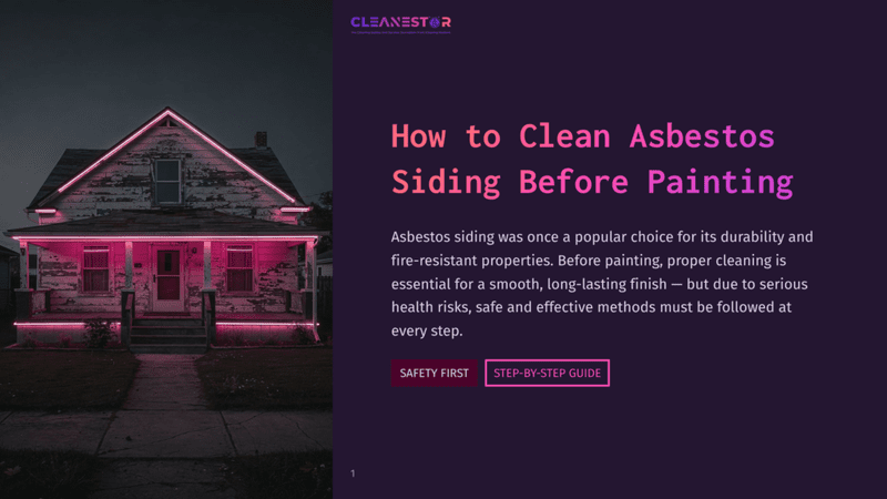 1 How To Clean Asbestos Siding Before Painting A Weathered, Old House With Peeling Paint Is Illuminated By Bright Pink Neon Lights Along Its Roofline And Porch. The Text &Quot;Cleanestor&Quot; And &Quot;How To Clean Asbestos Siding Before Painting&Quot; Is Overlaid On The Image.