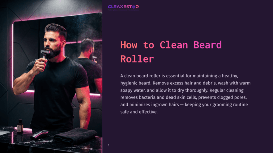 1 How To Clean Beard Roller A Man With A Beard Shaves In A Modern Bathroom With Pink Neon Lights, With A Beard Roller Visible On The Counter.