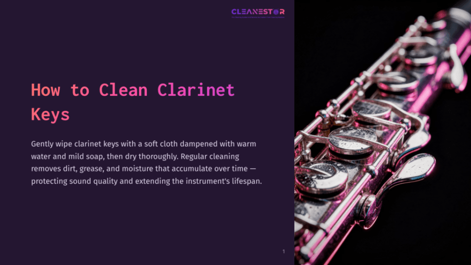 1 How To Clean Clarinet Keys Close-Up Of Shiny, Wet Clarinet Keys With Pink And Purple Lighting. &Quot;Cleanestor&Quot; Logo And &Quot;How To Clean Clarinet Keys&Quot; Text Are Visible.
