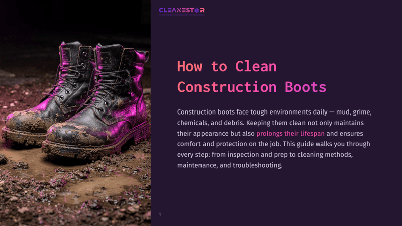 1 How To Clean Construction Boots Dirty, Mud-Caked Black Construction Boots With Laces, Resting On Wet, Muddy Ground Under Purple Lighting.