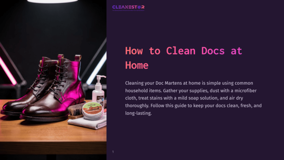 1 How To Clean Docs At Home A Pair Of Rich Brown Leather Doc Martens Boots Sit On A Wooden Surface Next To A Cleaning Kit Including A Brush, Polish, And Spray Bottle. The Boots Are Displayed On The Left Side Of The Frame, With A Dark, Moody Background And Soft Pink And White Lighting.