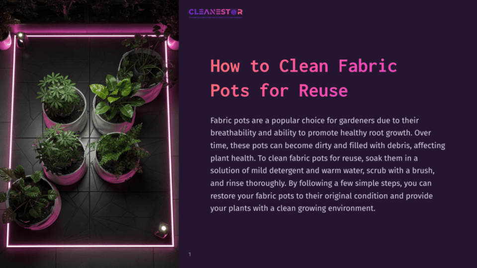 1 How To Clean Fabric Pots For Reuse Cleanestor Logo And Text &Quot;How To Clean Fabric Pots For Reuse&Quot; Over A Dark Background With A Glowing Pink Frame Surrounding Several Fabric Pots With Healthy Green Plants.