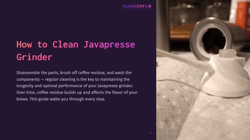 1 How To Clean Javapresse Grinder Close-Up Of A White Cleaning Brush With A Cotton Swab Tip, Resting On A Textured White Surface Next To A Disassembled Silver Coffee Grinder. &Quot;Cleanestor&Quot; Logo At The Top.