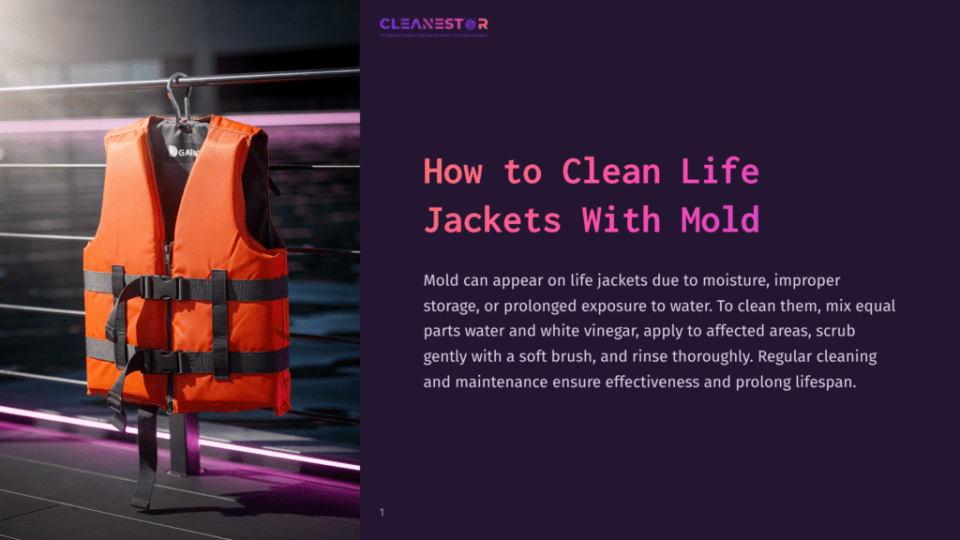 1 How To Clean Life Jackets With Mold An Orange Life Jacket With Black Straps Hangs On A Railing, With A Purple And Pink Neon Light Reflecting On Its Surface. Text On The Right Reads &Quot;How To Clean Life Jackets With Mold.