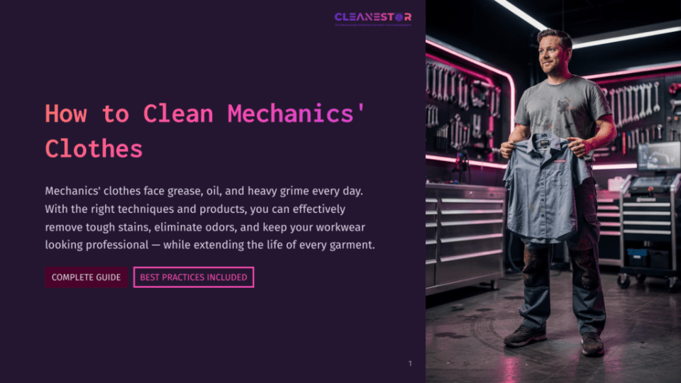 1 How To Clean Mechanics Clothes A Man In A Garage Holds Up A Stained Mechanic'S Shirt, With Text &Quot;How To Clean Mechanics' Clothes&Quot; And &Quot;Cleanestor&Quot; Visible On The Left. He Stands In Front Of Tool Chests And A Workshop Setting.