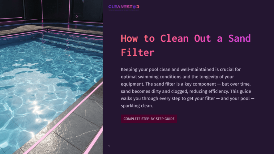 1 How To Clean Out A Sand Filter A Crystal Clear Swimming Pool With Vibrant Pink And Blue Underwater Lights, Reflecting The Night Sky. The Text &Quot;How To Clean Out A Sand Filter&Quot; And &Quot;Complete Step-By-Step Guide&Quot; Is Overlaid On The Right Side Of The Image.