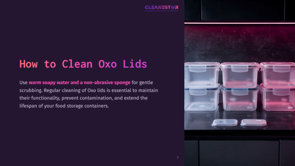 1 How To Clean Oxo Lids A Stack Of Clear Oxo Food Storage Containers With Blue Lids Sits On A Dark Countertop, Lit By Purple And Pink Ambient Lighting, With The Text &Quot;How To Clean Oxo Lids&Quot; Prominently Displayed On The Left.