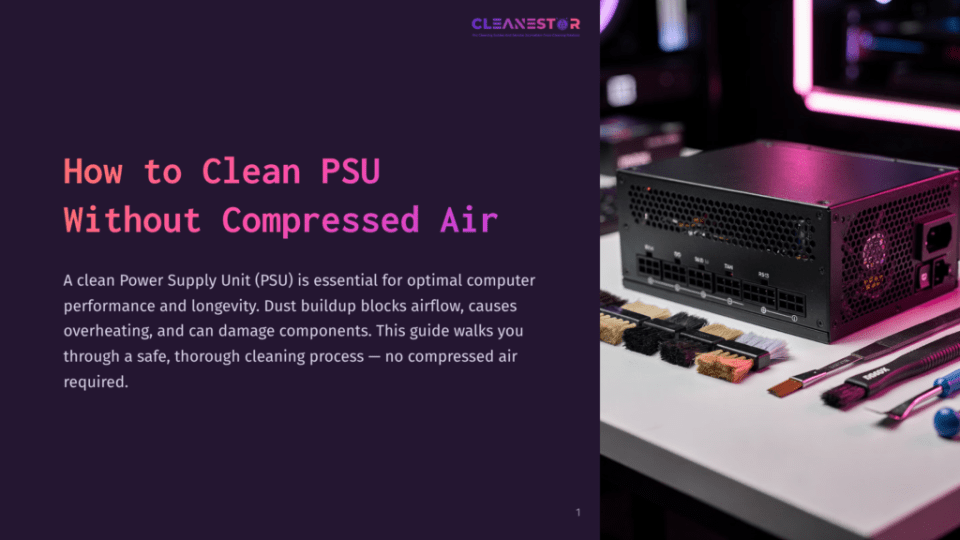1 How To Clean Psu Without Compressed Air A Black Pc Power Supply Unit (Psu) Sits On A White Surface Next To Cleaning Brushes And A Stick. The Psu Has A Label That Reads &Quot;Cleanestor&Quot; And The Title &Quot;How To Clean Psu Without Compressed Air&Quot; Is Visible On The Left.