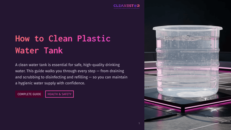 1 How To Clean Plastic Water Tank A Clear Plastic Water Tank Filled With Water Rests On A Futuristic Platform With Purple Neon Lights. The Text &Quot;How To Clean Plastic Water Tank&Quot; Is Prominently Displayed On A Dark, Textured Background.