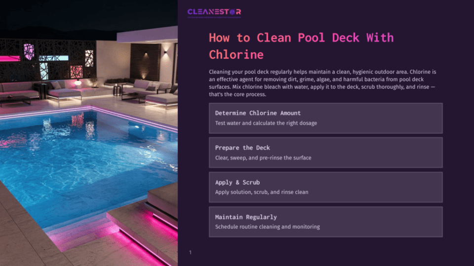 1 How To Clean Pool Deck With Chlorine Cleanestor Logo And Text About Cleaning Pool Decks With Chlorine, Next To A Photo Of A Modern, Illuminated Swimming Pool And Deck Area At Night.