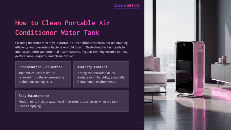 1 How To Clean Portable Air Conditioner Water Tank Cleanestor Portable Air Conditioner In A Modern Living Room, Showing A Pink Unit With A Digital Display And A Sleek Design, Next To A Sofa And A Cabinet.