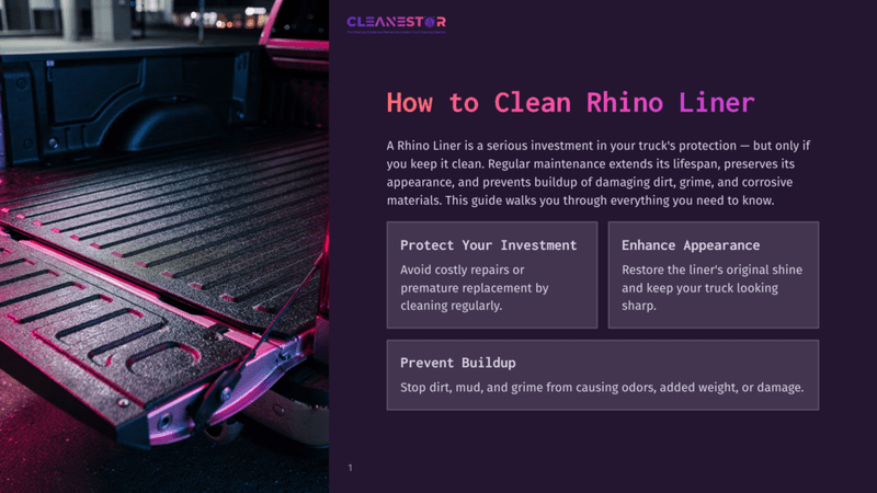 1 How To Clean Rhino Liner A Clean Truck Bed With Black Rhino Liner Coating, Illuminated By Pink And Purple Ambient Light, With The Text &Quot;Cleanestor&Quot; And &Quot;How To Clean Rhino Liner&Quot; Visible.