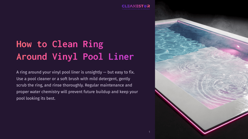 1 How To Clean Ring Around Vinyl Pool Liner How To Clean Ring Around Vinyl Pool Liner&Quot; Title Text Over A Dark Purple Background. A Brightly Lit, Modern Swimming Pool With Pink Led Lights Is Visible On The Right.