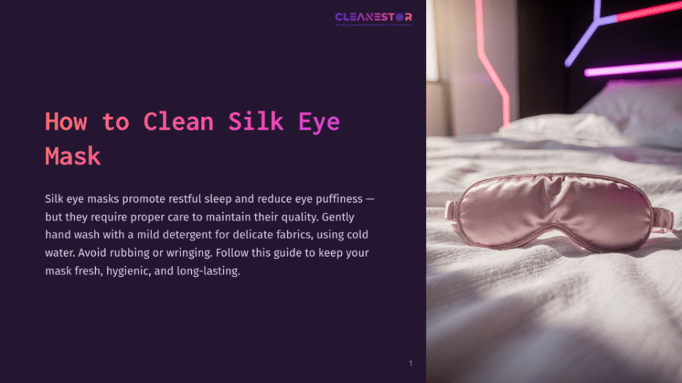 1 How To Clean Silk Eye Mask A Soft Pink Silk Eye Mask Rests On A Rumpled White Bed Sheet, Bathed In Sunlight. The Text &Quot;How To Clean Silk Eye Mask&Quot; Is Prominently Displayed On A Dark Purple Background On The Left.