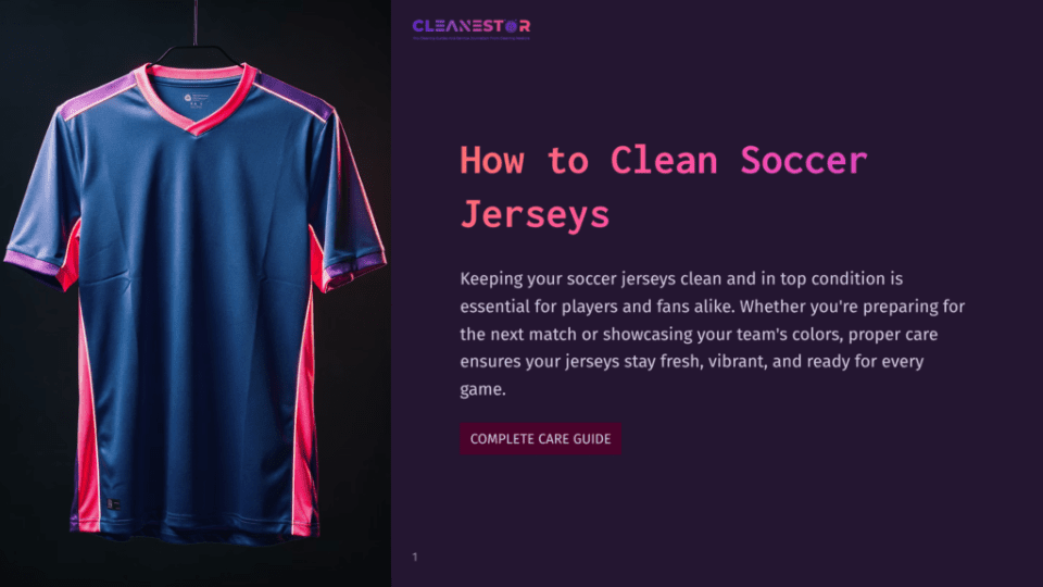 1 How To Clean Soccer Jerseys A Dark Blue And Pink Soccer Jersey Hangs On A Hanger Against A Dark Background, With The Text &Quot;Cleanestor&Quot; And &Quot;How To Clean Soccer Jerseys&Quot; Visible.