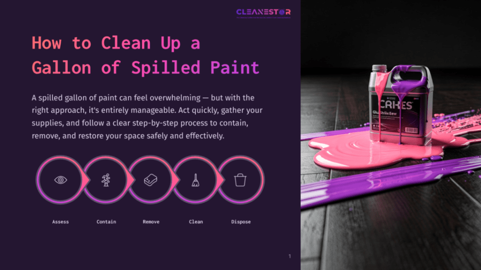 1 How To Clean Up A Gallon Of Spilled Paint A Large Jug Of Purple And Pink Paint Spills Across A Dark Wooden Floor, Creating A Vibrant, Abstract Design. Text Reads &Quot;Cleanestar&Quot; And &Quot;Cakes Glitter View&Quot;.