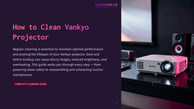 1 How To Clean Vankyo Projector A Vankyo Projector Sits On A Dark, Glossy Surface Next To Two Black Speakers, With A Remote Control Nearby. The Scene Is Lit, Highlighting The Projector&Amp;Apos;S Lens And The Text &Quot;How To Clean Vankyo Projector&Quot; On The Left. A Cleanestor Logo Is Visible At The Top.