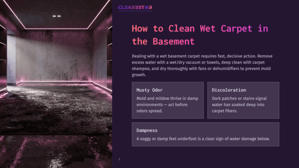 1 How To Clean Wet Carpet In The Basement A Dark, Moody Basement Room With Concrete Floors Covered In Dirty Water And Debris, Illuminated By Harsh Pink Neon Lights Outlining The Ceiling And Walls. The Text &Quot;Cleanestor&Quot; Is Visible At The Top Left.