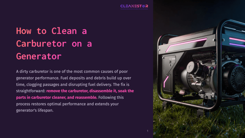1 How To Clean A Carburetor On A Generator A Generator With A Cleanestor Logo Sits On Grass At Night, Illuminated By Pink And Blue Lights, With Text About Cleaning A Generator Carburetor.