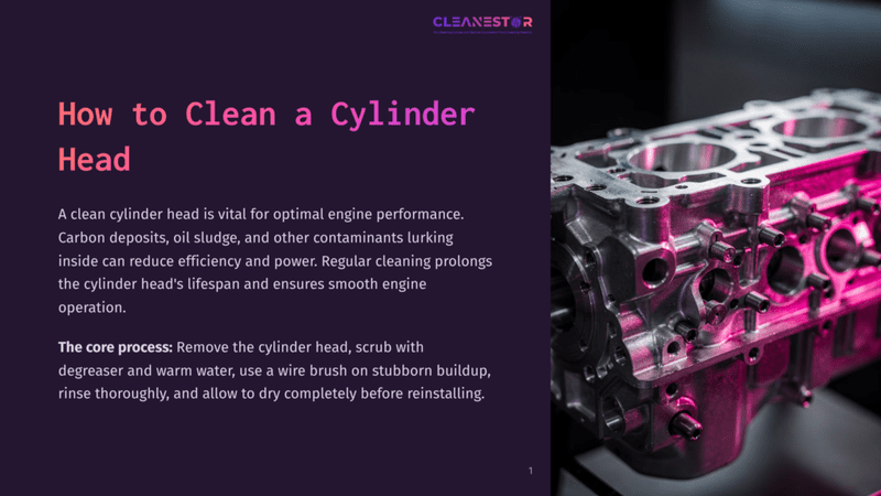 1 How To Clean A Cylinder Head Close-Up Of A Clean Engine Cylinder Head, Gleaming Metal With Pink And Purple Lighting, With Text &Quot;How To Clean A Cylinder Head&Quot; And &Quot;Cleanestor&Quot; Visible.