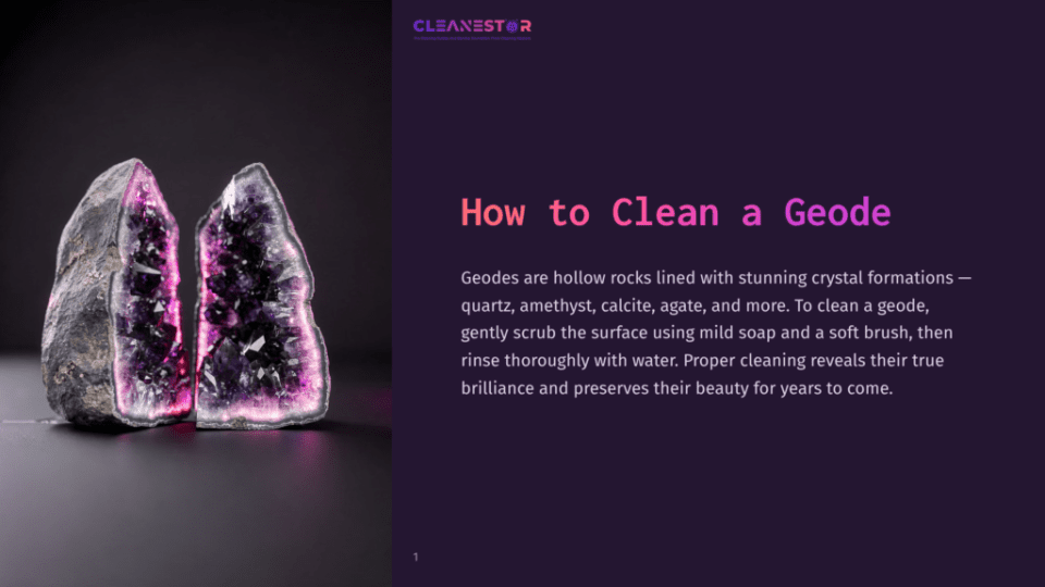 1 How To Clean A Geode Two Halves Of A Geode, Displaying Vibrant Purple Amethyst Crystals, Are Showcased On A Dark Surface. The Text &Quot;How To Clean A Geode&Quot; Is Prominently Displayed.