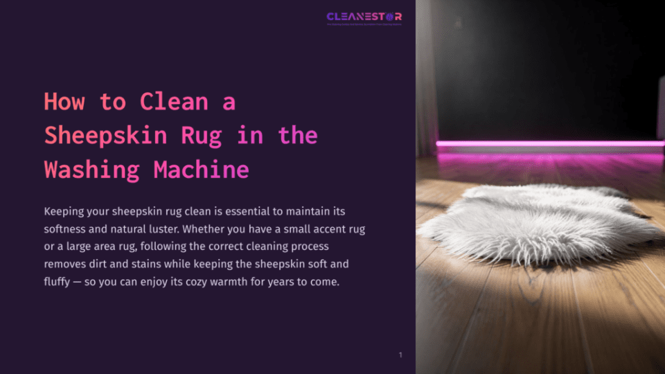 1 How To Clean A Sheepskin Rug In The Washing Machine A Fluffy White Sheepskin Rug Lies On A Polished Wooden Floor, Catching The Warm Glow Of Pink Ambient Lighting. The Text &Quot;How To Clean A Sheepskin Rug In The Washing Machine&Quot; Is Overlaid On A Dark Background.