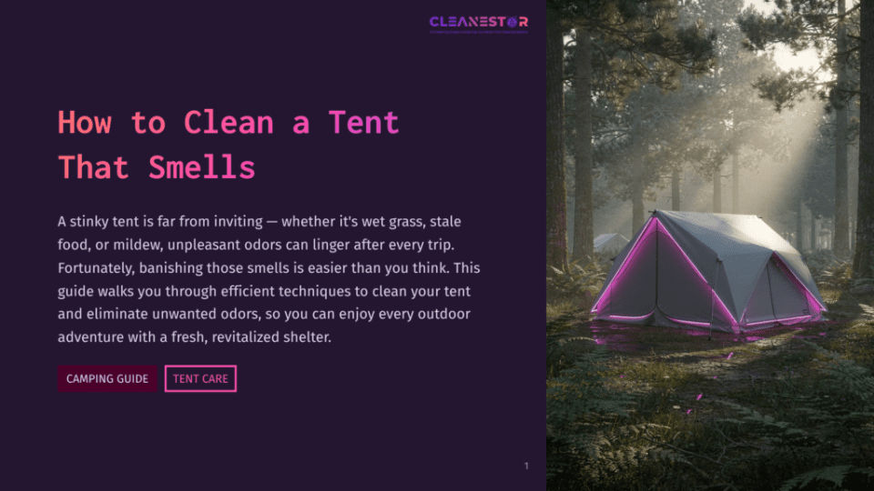 1 How To Clean A Tent That Smells A Modern, Grey Tent Glows With Pink Neon Lights In A Misty, Sun-Dappled Forest At Dusk. The Text &Quot;How To Clean A Tent That Smells&Quot; Is Overlaid On The Left.