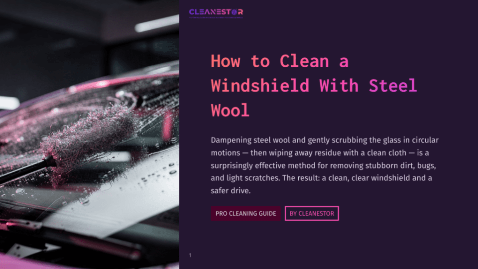 1 How To Clean A Windshield With Steel Wool A Close-Up Shot Shows A Steel Wool Pad Being Used To Clean A Wet Car Windshield, With Suds And Water Droplets Visible On The Glass. The Text &Quot;Cleanestor&Quot; Is Displayed At The Top Left.