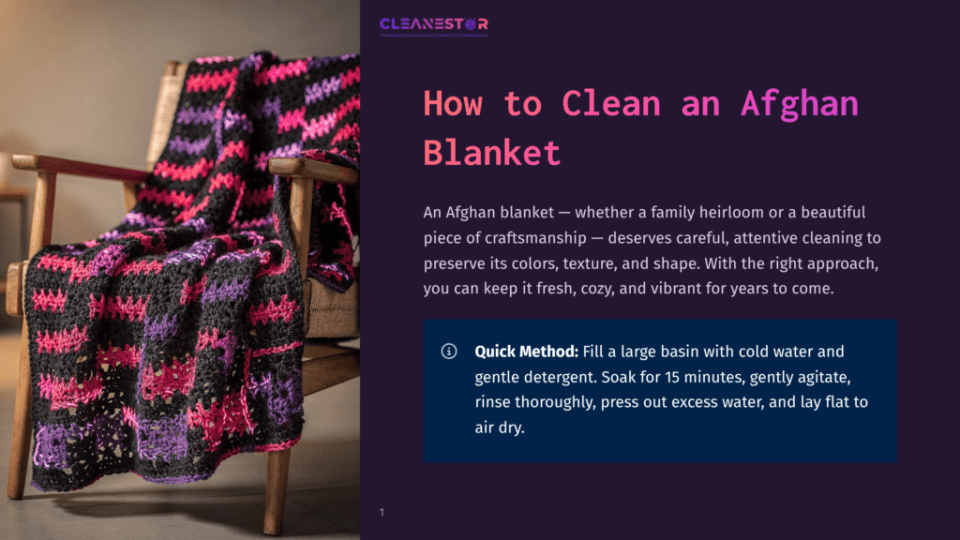1 How To Clean An Afghan Blanket A Colorful Handmade Crocheted Afghan Blanket In Shades Of Pink, Purple, And Black Is Draped Over A Wooden Chair. The Text &Quot;Cleanestor&Quot; And &Quot;How To Clean An Afghan Blanket&Quot; Is Visible.