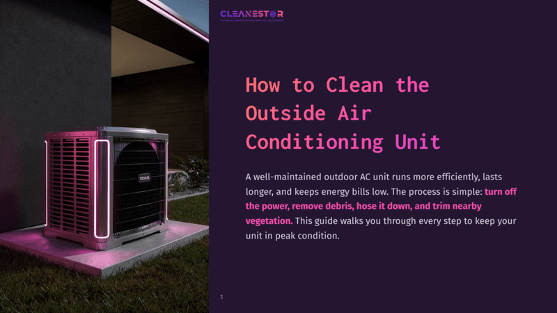 1 How To Clean The Outside Air Conditioning Unit A Modern Outdoor Air Conditioning Unit Glows With Pink And Purple Neon Lights At Dusk, With The Cleanestor Logo And &Quot;How To Clean The Outside Air Conditioning Unit&Quot; Text Visible.