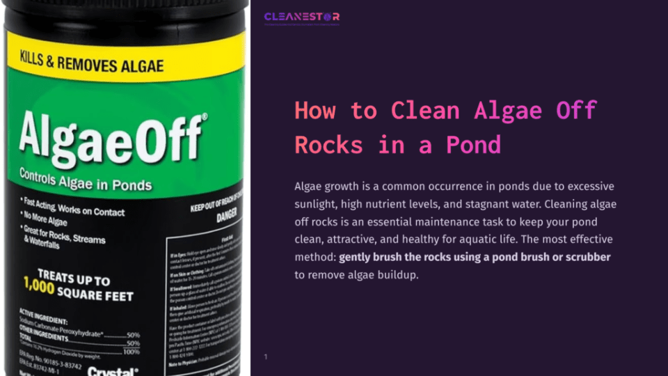 1 How To Clean Algae Off Rocks In A Pond A Black Container Labeled &Quot;Algae Off&Quot; With A Green And Yellow Design, Sitting On A Purple Background, Intended For Algae Removal In Ponds.