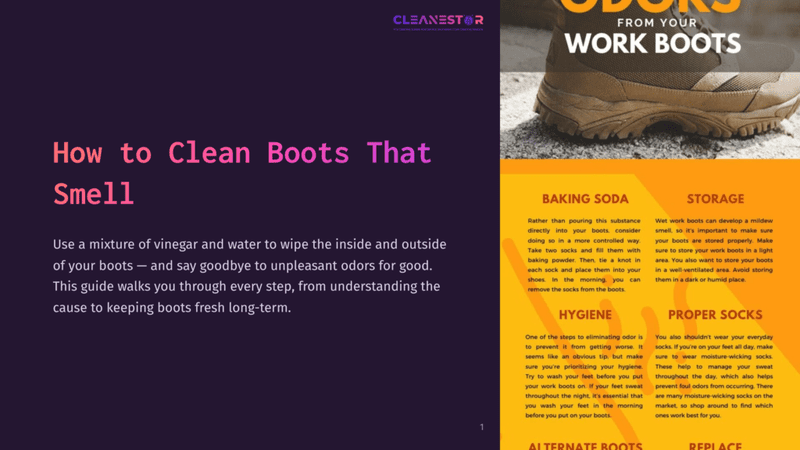 1 How To Clean Boots That Smell A Close-Up Of A Pair Of Rugged, Brown Leather Work Boots, With Text Overlaying The Image That Reads &Quot;How To Clean Boots That Smell&Quot; And &Quot;From Your Work Boots&Quot;.