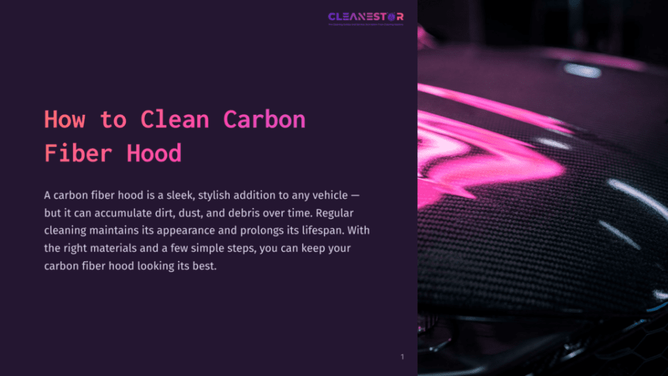 1 How To Clean Carbon Fiber Hood Close-Up Of A Black Carbon Fiber Car Hood With A Vibrant Pink And Purple Reflection Of Lights. Text Overlay Reads &Quot;Cleanestar&Quot; And &Quot;How To Clean Carbon Fiber Hood&Quot;.