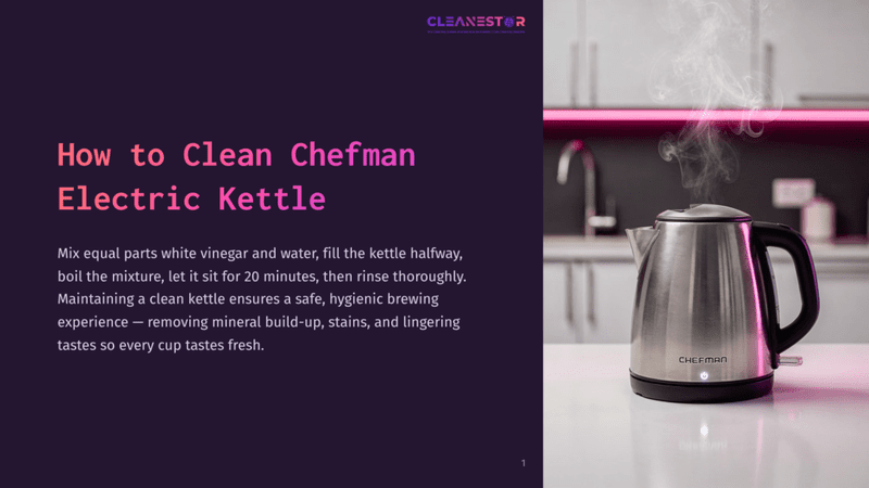 1 How To Clean Chefman Electric Kettle A Silver Chefman Electric Kettle With Steam Rising, Sitting On A Countertop Against A Blurred Pink And Black Background.
