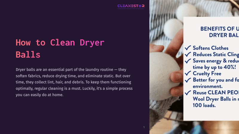 1 How To Clean Dryer Balls Close-Up Of A Person Holding White Dryer Balls, With A Dark Purple Background Detailing Cleaning Tips And Benefits Of Dryer Balls.