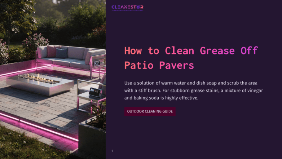 1 How To Clean Grease Off Patio Pavers Modern Patio With A Sleek Fire Pit, Comfortable Outdoor Sofa, And Pink Led Lighting. Text Overlay Reads &Quot;How To Clean Grease Off Patio Pavers&Quot; And &Quot;Outdoor Cleaning Guide.