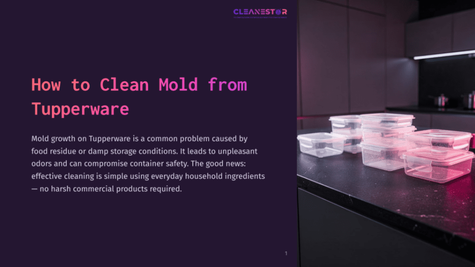 1 How To Clean Mold From Tupperware 1 A Dark Countertop Displays Several Clear Plastic Food Storage Containers, Some With Pink And Purple Lighting. The Text &Quot;How To Clean Mold From Tupperware&Quot; Is Overlaid On A Dark Purple Background On The Left.